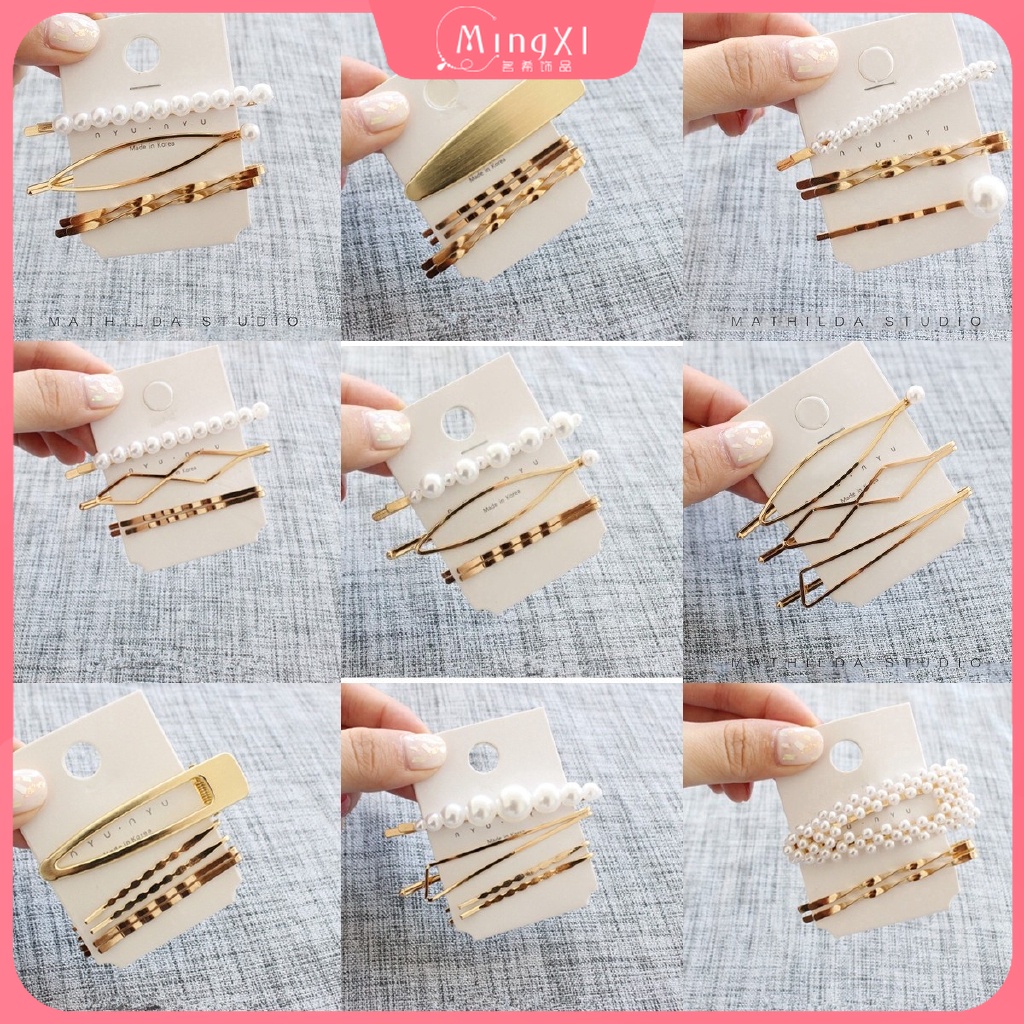 Set 3 Kẹp Tóc Kim Loại Đính Ngọc Trai Thời Trang Cho Nữ