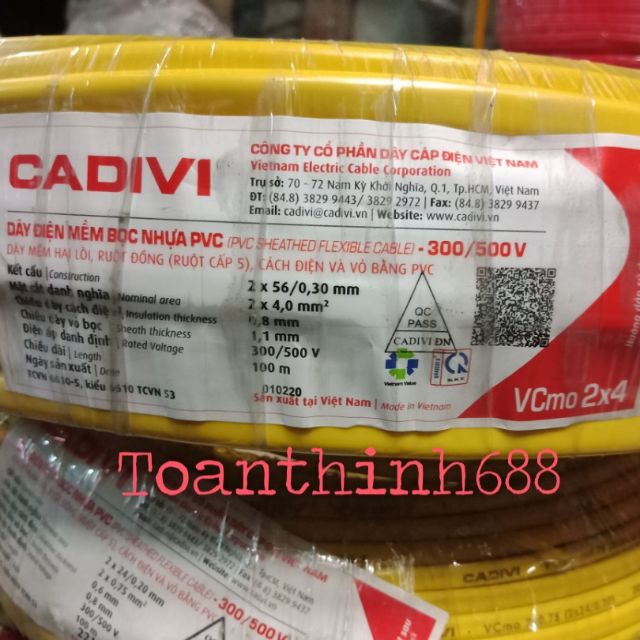 50m dây điện đôi 2 lớp vỏ bọc VCmo2x4,0(2x56)cadivi