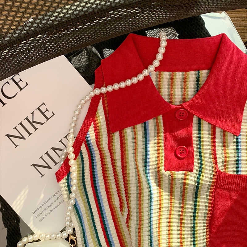 Áo Dệt Kim Sát Nách Cổ polo Họa Tiết Kẻ Sọc Phong Cách Retro