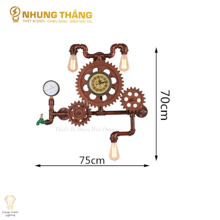 Đèn Tường Retro DT-0218 - Bánh Răng , Đồng Hồ Chuyển Động Cùng Đèn - Kiểu Dáng Cổ Điển - Tặng Kèm 3 Bóng T64