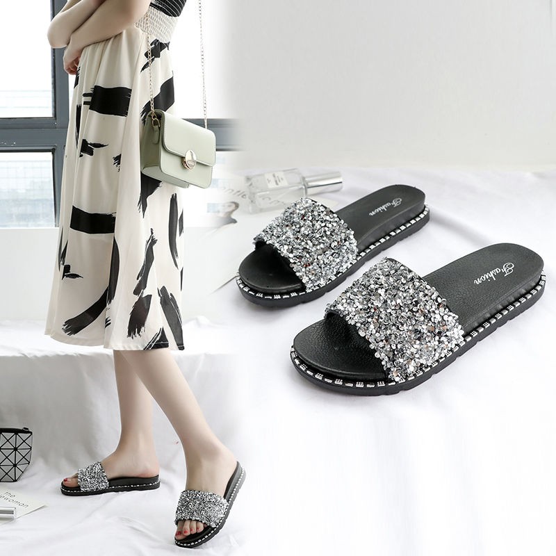 Korean Fashion Women Sequins Sandals Outdoor Beach Shoes House Slippers
