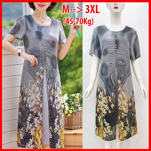 GOTI - Đầm Trung Niên Size Lớn Dự Tiệc Kiểu Dáng Suông Voan In Hoa Dài Qua Gối Tay Ngắn Cho Mẹ U50 U60 3296 3301