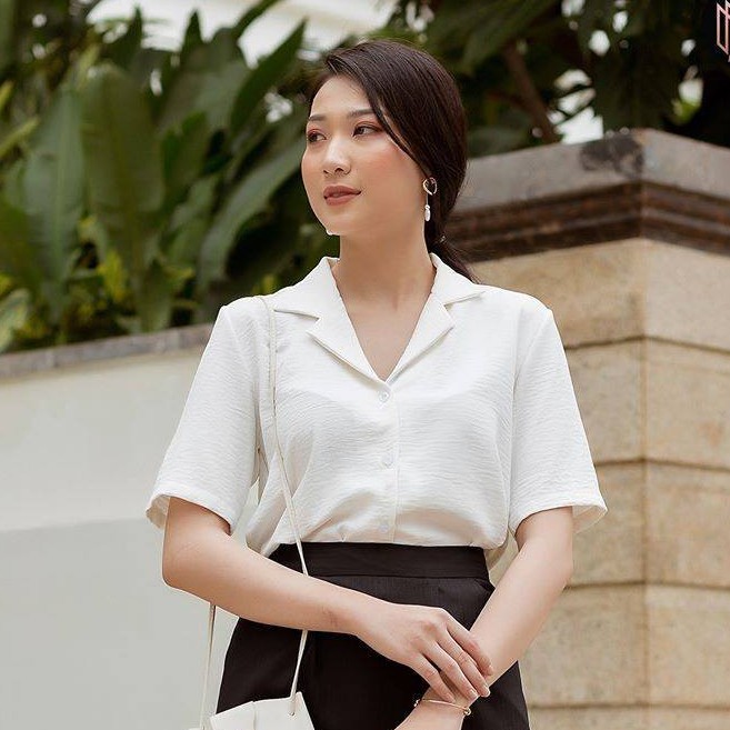 Áo sơ mi đũi ngắn tay màu Trắng - Hàng thiết kế Mixmix - Hình chụp thật