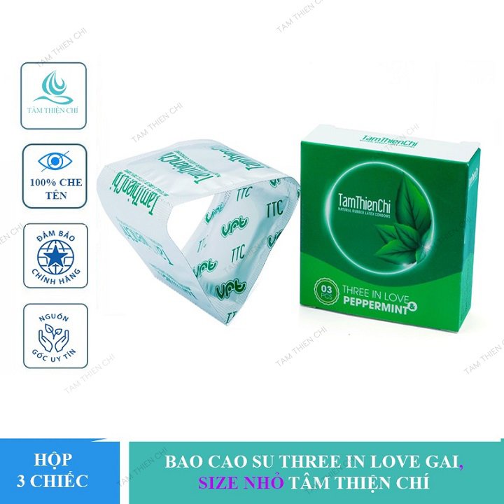 Hộp 3 chiếc Bao cao su Tâm Thiện Chí THREE IN LOVE gai gân bạc hà TTC