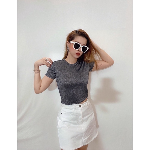 Áo croptop ôm thun kim tuyến ánh nhũ trơn màu