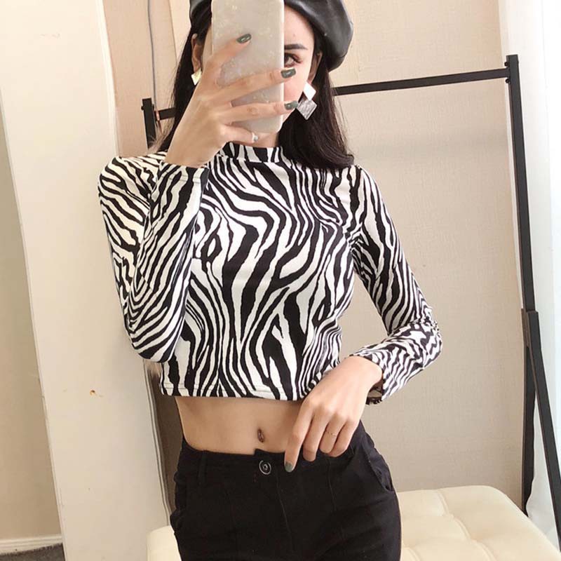 Áo Croptop tay dài hoạ tiết da báo / ngựa vằn Áo Nữ | BigBuy360 - bigbuy360.vn