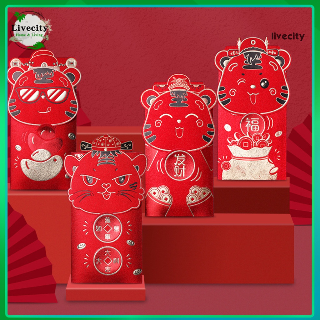 Set 4 bao lì xì đỏ họa tiết hổ 2022 dễ thương