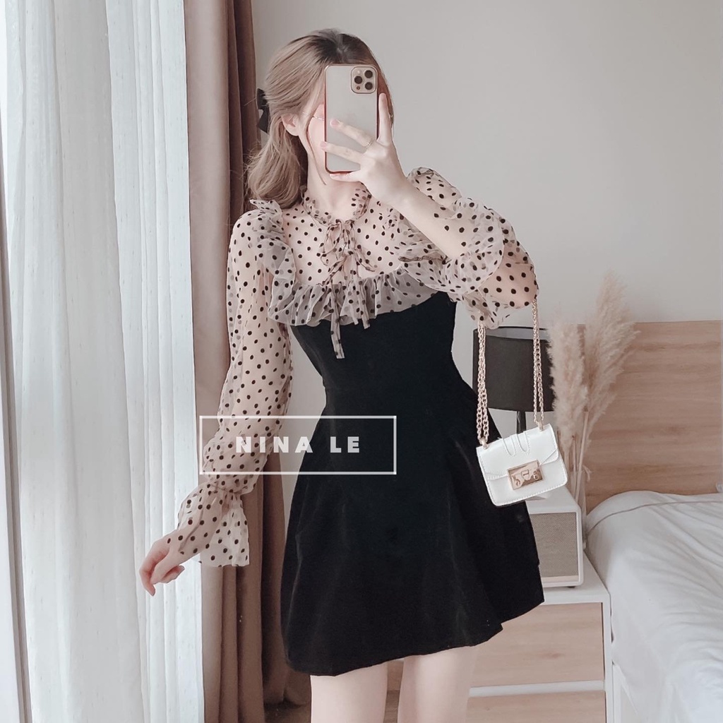 Đầm tay dài phối lưới chấm bi kết hợp với cột nơ xinh xắn, dễ thương thời trang nữ dành cho các nàng đi chơi,dự tiệc | BigBuy360 - bigbuy360.vn