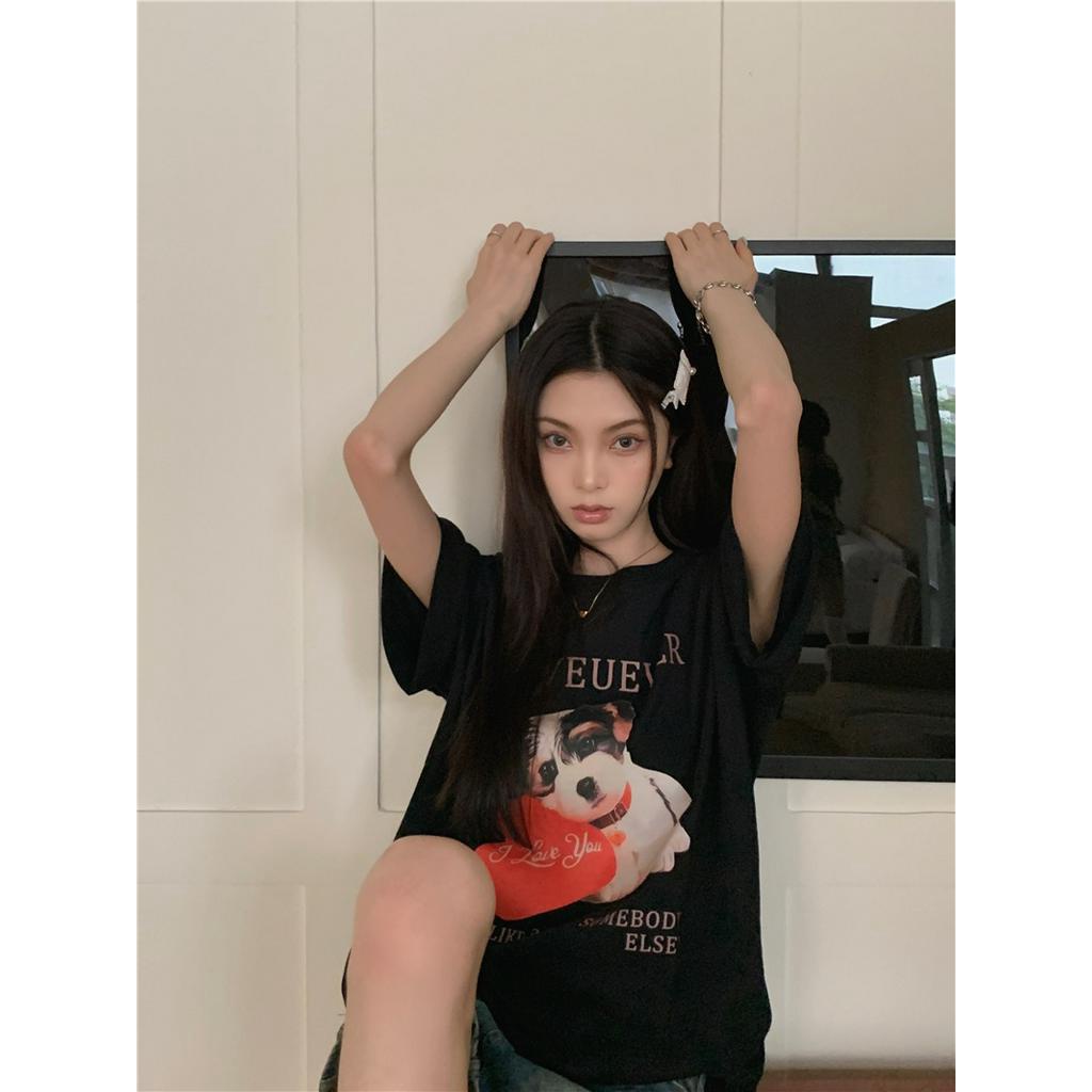 Áo Thun Cổ Tròn Dáng Rộng In Hình Chú Chó Dễ Thương Phong Cách Hàn Quốc Thời Trang Mùa Hè 63400