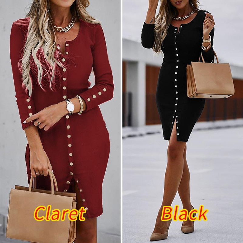 Đầm midi ZANZEA cổ tròn tay dài cài khuy màu trơn phong cách thanh lịch cho nữ