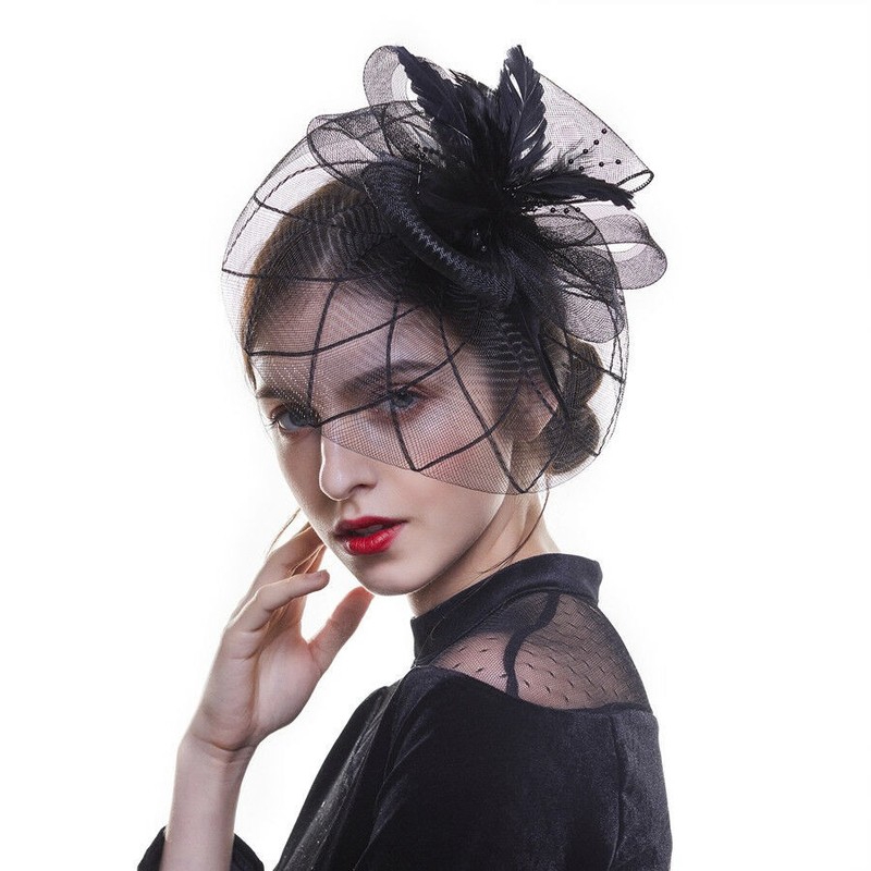 Mũ lưới đính lông vũ có kẹp tóc xinh xắn tùy chọn kiểu dáng