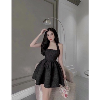 Váy xốp vân 2 dây cột nơ hở lưng