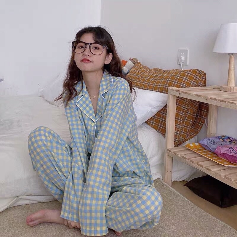 BN5_Bộ ngủ pijama | bộ mặc nhà dài tay họa tiết kẻ caro màu pastel ulzzang Hàn Quốc