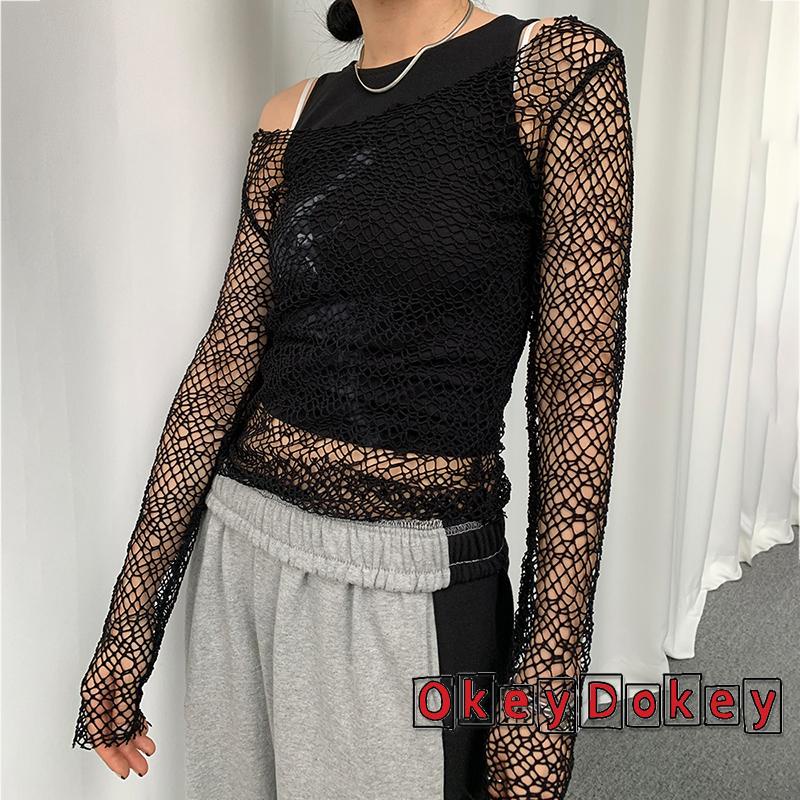 Áo Thun Nữ Tay Dài Hở Vai y2k Họa Tiết Học Viện Mỹ Thuật Màu Tối Cá Tính