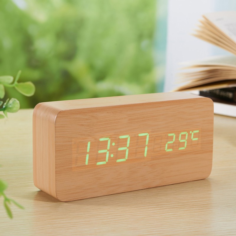 Đồng hồ led gỗ để bàn màn hình led hình chữ nhật, hiển thị giờ, ngày, tháng, năm, nhiệt độ, báo thức, Cảm biến âm thanh