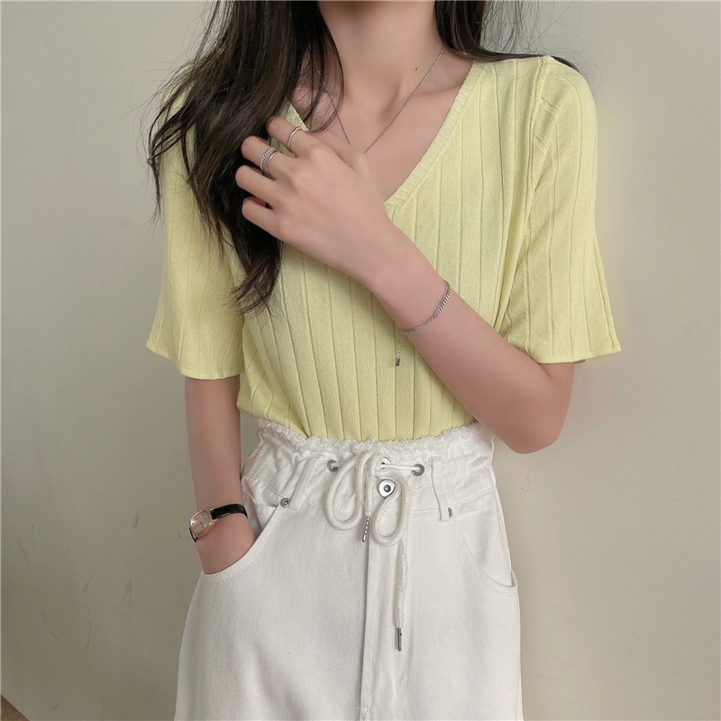 NZN Áo Thun Dệt Kim Tay Ngắn Cổ Chữ V Phong Cách Hàn Quốc Cho Nữ