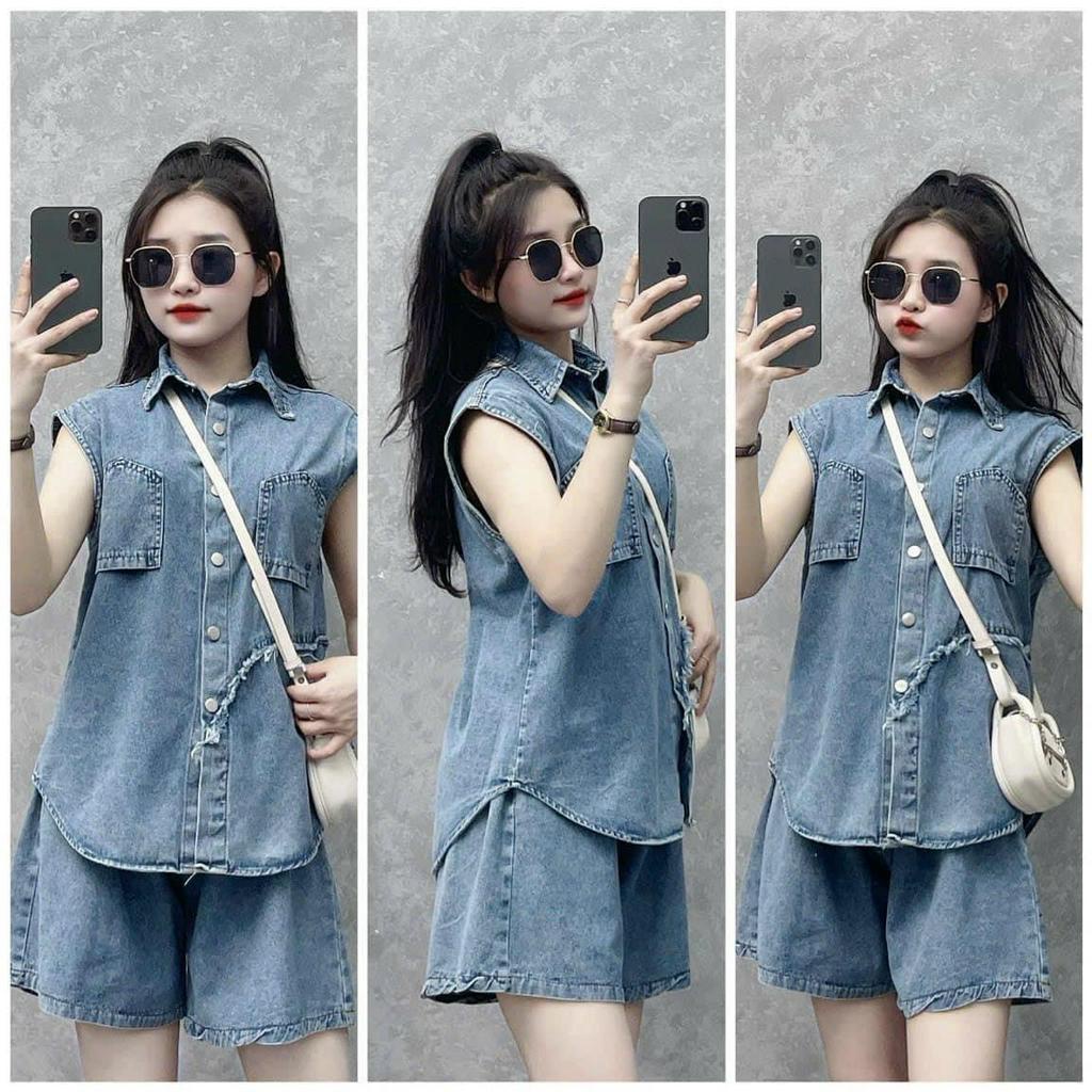 Áo sơ mi bò túi ngược tay ba lỗ kèm quần short đùi lưng cao, set đồ bộ nữ đi chơi dự tiệc chất bò mềm phong cách ulzzang