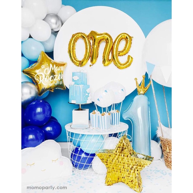 Bóng số 1 màu hồng xanh pastel macaron đính kèm vương miện vàng