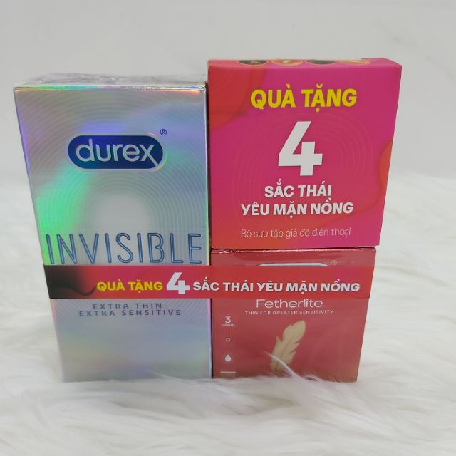 Combo 1 hộp durex invisible(10 cái)+ 1 hộp durex fetherlite (3 cái)+ 1 hộp quà tặng 4 sắc thái.