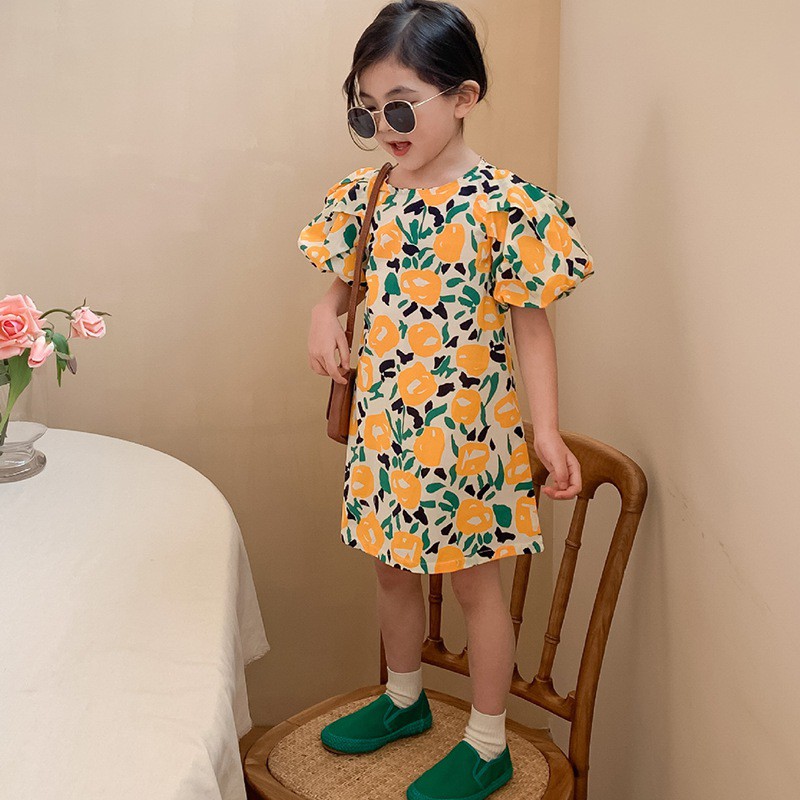 Đầm Tay Phồng In Hoa Màu Vàng Phong Cách Hàn Quốc Thời Trang Mùa Hè Cho Bé Gái
