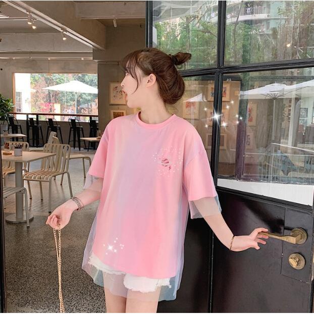 Áo thun tay ngắn phối lưới họa tiết thêu thời trang cho nữ Hàn Quốc