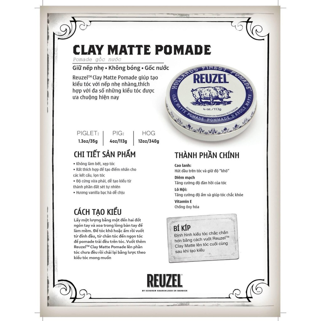 Sáp Vuốt Tóc Reuzel Matte Clay Pomade - Minty Scent Chính Hãng - Pomade Heo Trắng Xanh