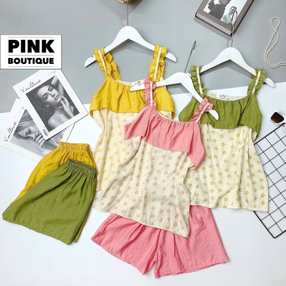 Bộ đũi mặc nhà nữ mùa hè áo dây cộc tay Cánh Tiên quần đùi xinh đẹp thời trang PINKBOUTIQUE 223