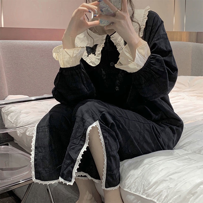 Bộ đồ ngủ tay dài cổ búp bê ngọt ngào đơn giản thời trang thu đông cho nữ