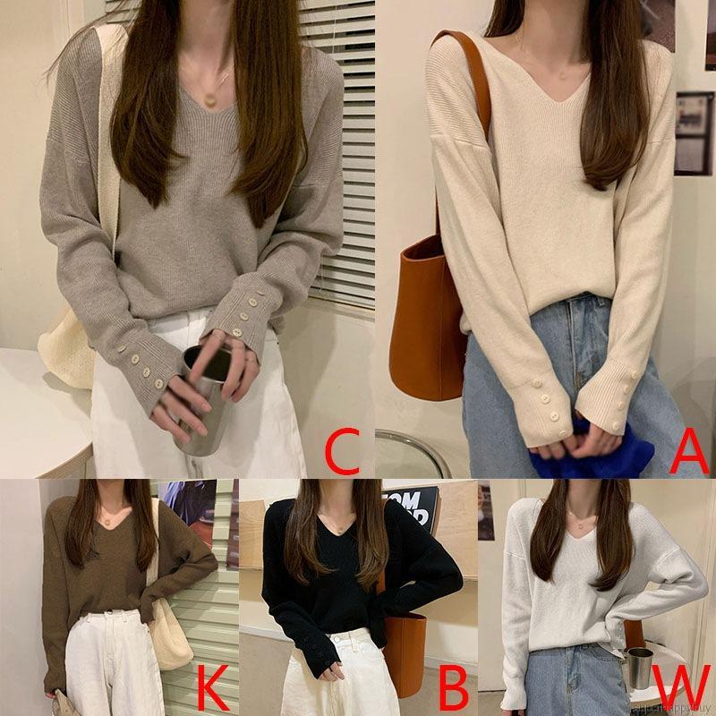 Áo sweater chui đầu tay dài cổ chữ V màu trơn thời trang mùa thu thanh lịch cho nữ