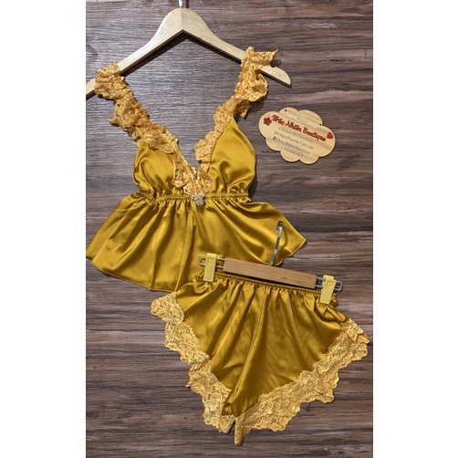 Bộ đồ ngủ sexy satin phối ren mềm siêu yêu