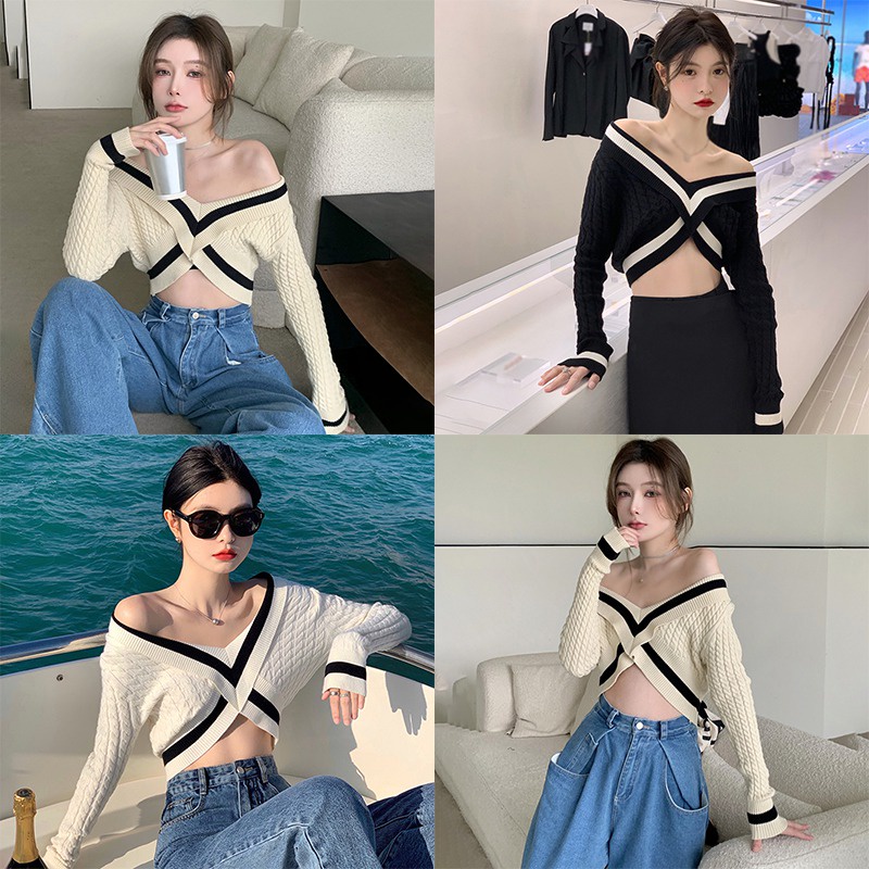 Áo Len Croptop Tay Dài Cổ Chữ V Thời Trang Hàn Quốc Dành Cho Nữ