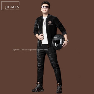 Áo khoác Bomber da Nam thêu hình chim thu đông hàng Quảng Châu cao cấp - W213007