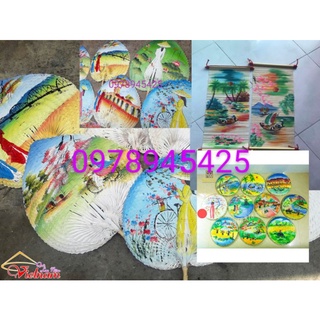 Mành tre vẽ phong cảnh/Nón lá vẽ phong cảnh/quạt tre quạt lá đề trang trí/Mẹt tre trang trí