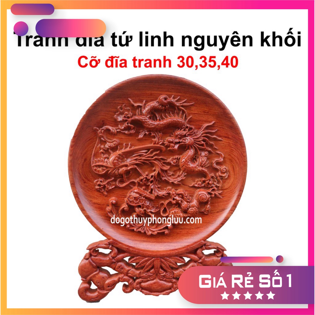 Tranh đĩa tứ linh,Tranh tròn trạm long ly quy phụng gỗ hương đá liền khối 2 cỡ đĩa