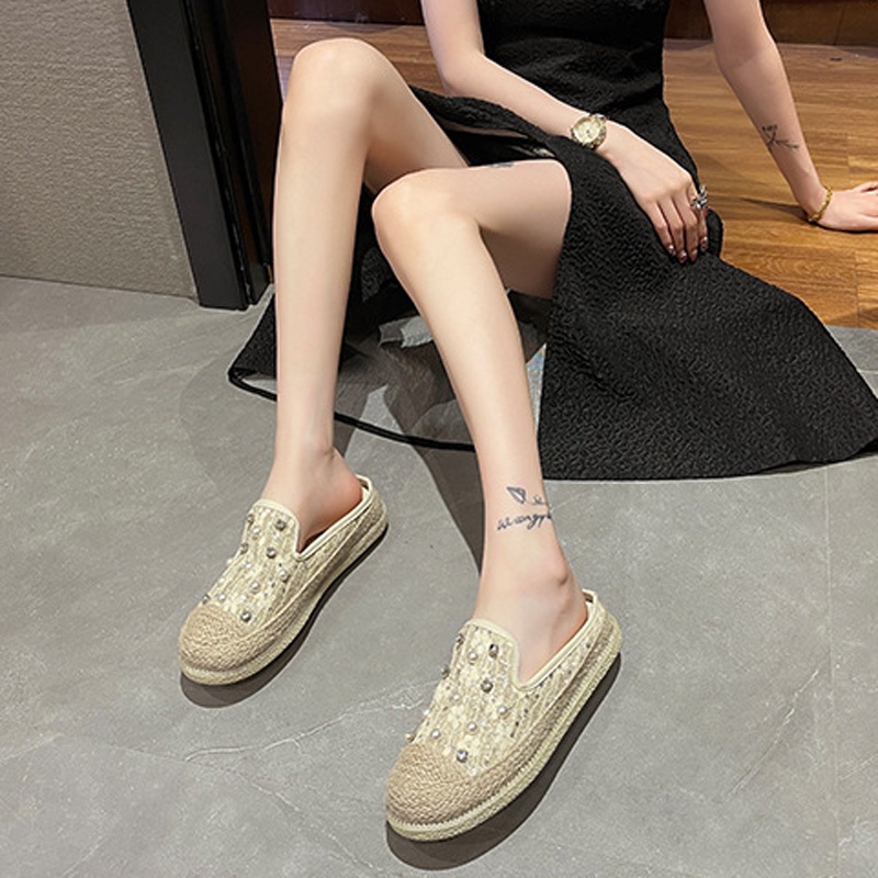 Dép bít mũi IELGY đế thấp đính đá hình hoa xinh xắn cho nữ