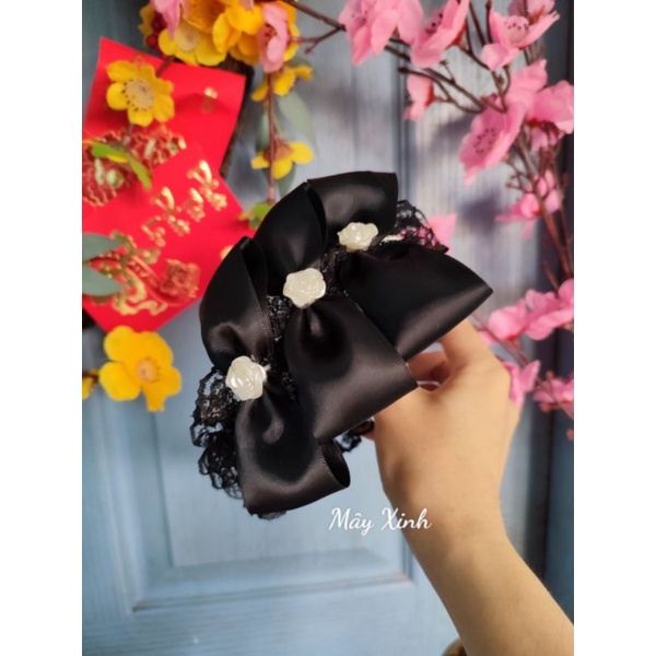 Bờm tóc nơ đen phối ren đính hạt xinh - không kèm tóc
