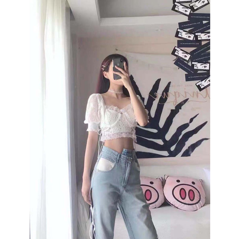 Quần jean lưng cao ống rộng thiết kế thời trang phong cách cá tính cho nữ