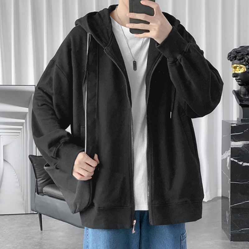 Áo Khoác Hoodie Tay Dài Dáng Rộng Màu Sắc Đơn Giản Phong Cách Harajuku Cho Nam Giới