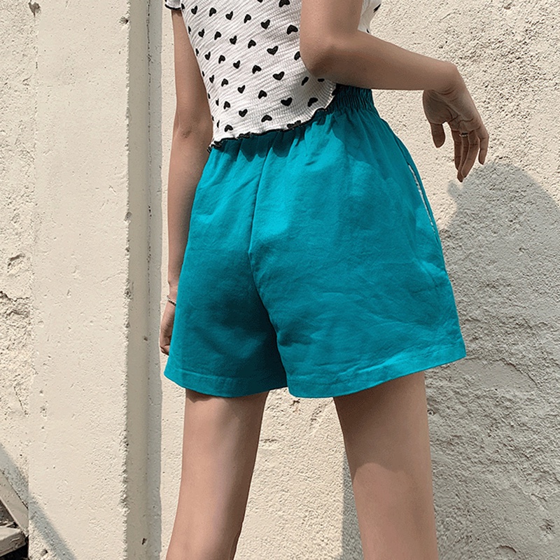 Quần ngắn thể thao IELGY lưng cao ống rộng màu trơn thời trang Hàn Quốc giản dị cho nữ