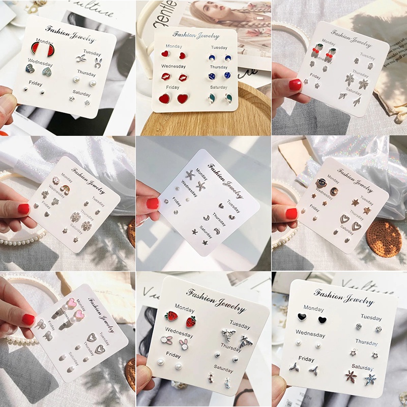 Set 6 khuyên tai đính đá ngọc trai đơn giản phong cách Hàn Quốc