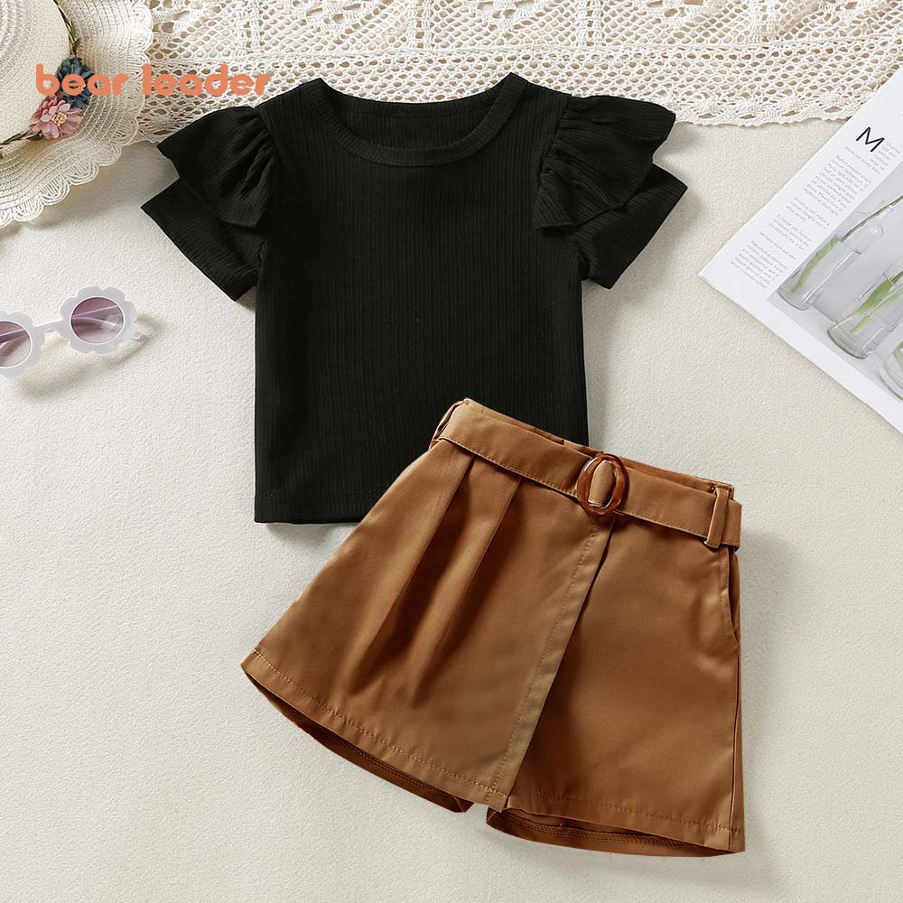 BEAR LEADER Set Áo Thun Tay Ren + Quần Short Thời Trang Xuân Hè Mới 2022 Cho Bé Gái 2-6 Tuổi