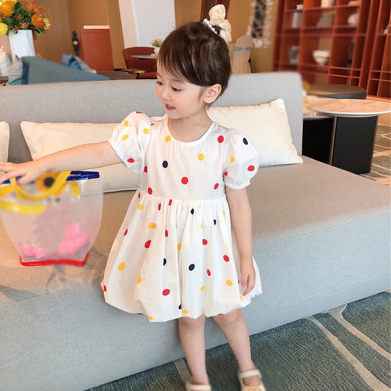 Đầm Công Chúa Tay Phồng Ngắn Cổ Tròn Lưng Cột Dây Họa Tiết Chấm Bi Thời Trang Mùa Hè Cho Bé Gái
