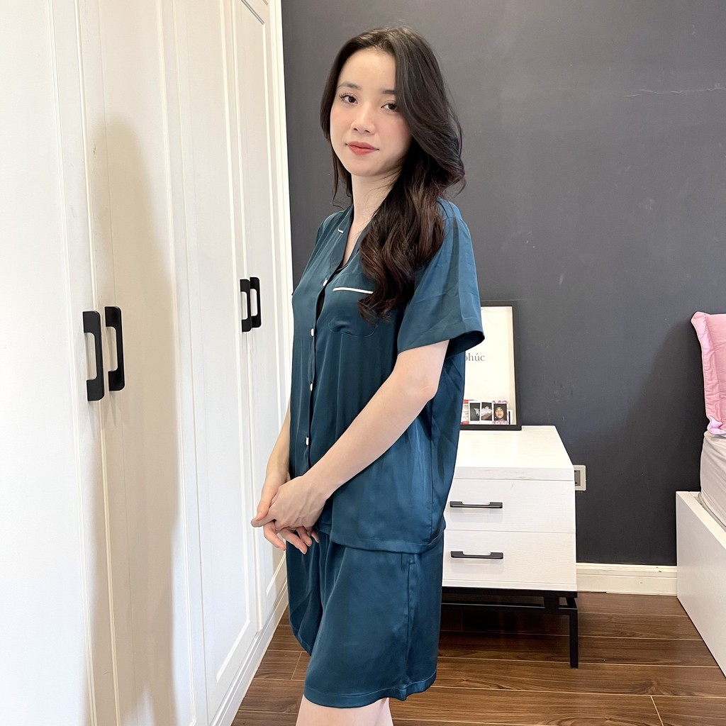 Bộ lụa Pijama Tay Ngắn Quần đùi và dài màu xanh cổ vịt - Hàng Chuẩn đẹp [FREESHIP]