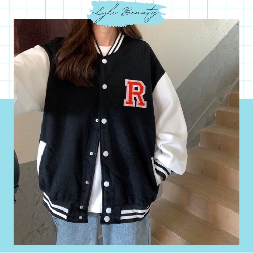 Áo bomber phối tay trắng in chữ R chuẩn unisex Lylibeauty áo chất nỉ lót lông bên trong