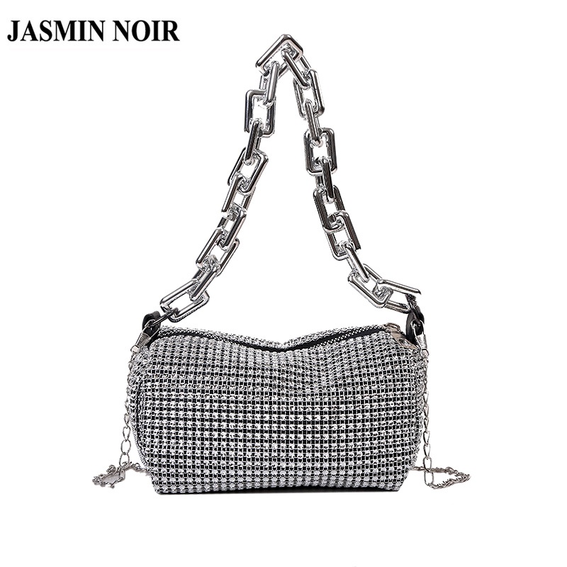 Túi Đeo JASMIN NOIR Vai Nắp Gập Đính Đá Phối Dây Xích Thời Trang Cho Nữ