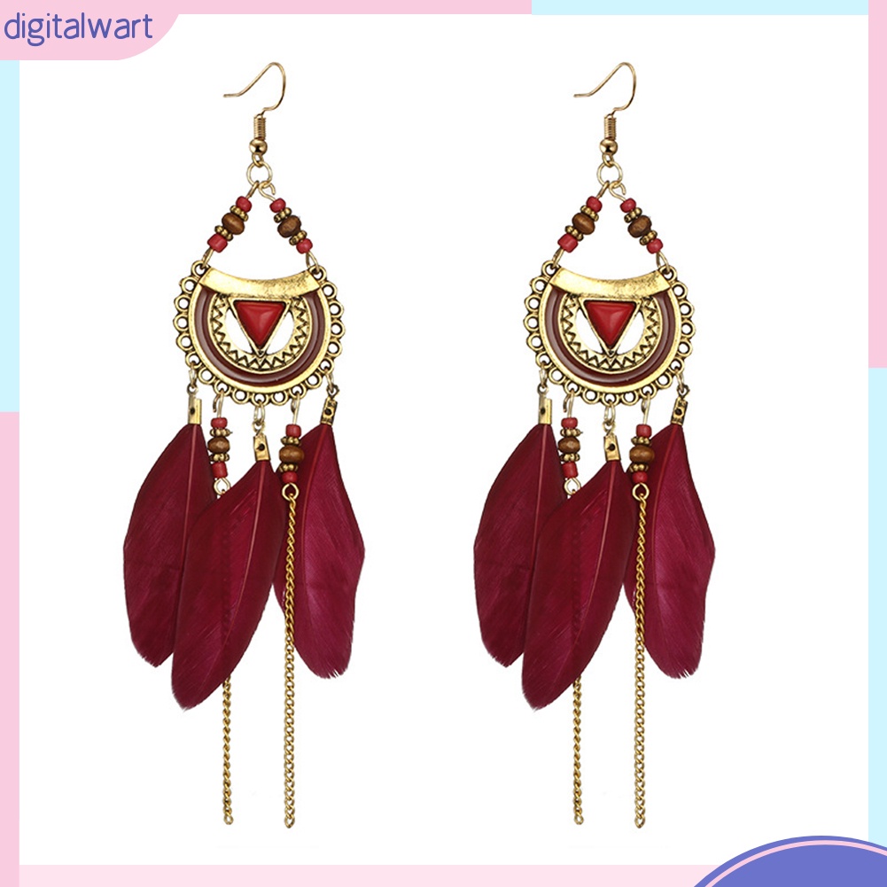 Đôi Khuyên Tai Dài Gắn Lông Vũ Phong Cách Retro Thời Trang Cho Nữ