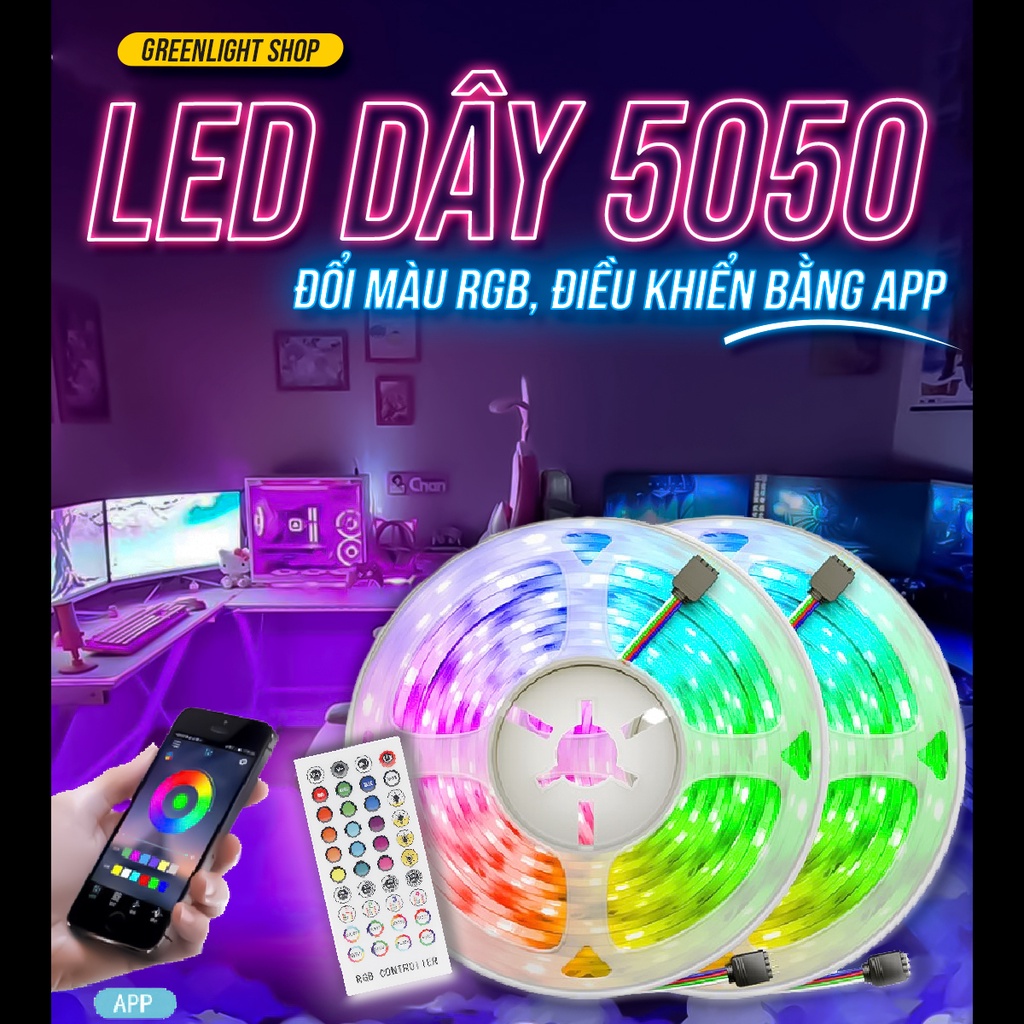 Bộ Dây đèn LED Tiktok 12V 5050 đổi màu RGB, có Cảm biến nhạc, Điều khiển bằng App ĐT qua Bluetooth, kèm nguồn 12V
