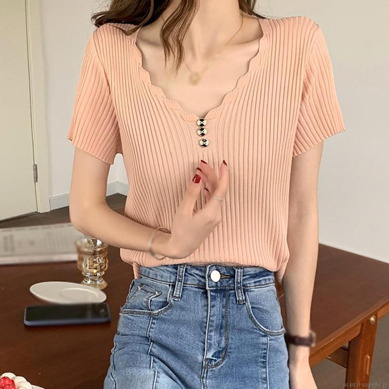 Áo Thun Nữ Ngắn Tay Cổ Chữ V Thời Trang Hàn Quốc