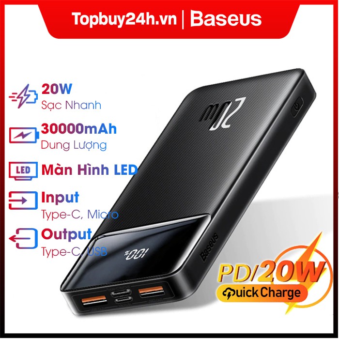 Sạc dự phòng Baseus sạc nhanh cầm tay PD 20W 30000mAh pin 20W / 15W cho Iphone