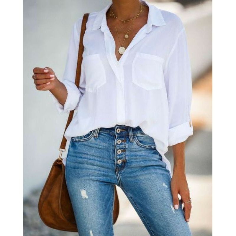 Combo quần jean, áo sơmi chốt trên live